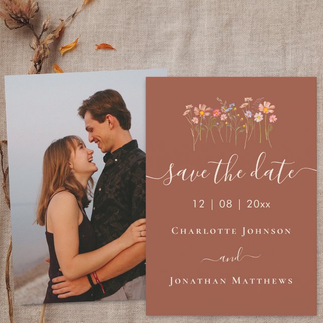 Boho Wildflower Meadow Photo Wedding Save The Date (Elegant boho Wildflower meadow beige terracotta photo Wedding save the date card)