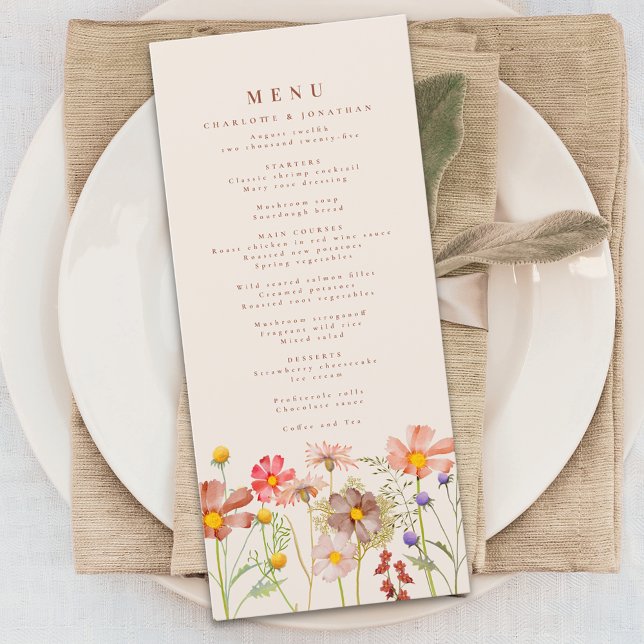 Boho Wildflower Meadow Wedding Menu (Elegant boho Wildflower meadow Wedding menu card watercolor florals )