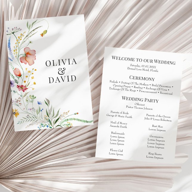 Boho Wildflower Meadow Wedding Program (Boho Wildflower Meadow Wedding Program on a sunny dry white palm leaf.)
