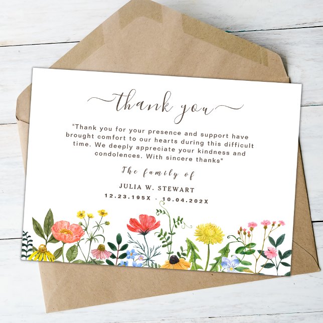 Boho Wildflower Modern Funeral Thank You Note Card (Creator Uploaded)