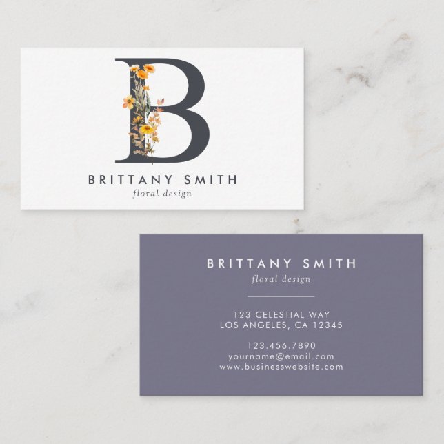 Boho Wildflower Monogram Initial B Business Card (Front/Back)