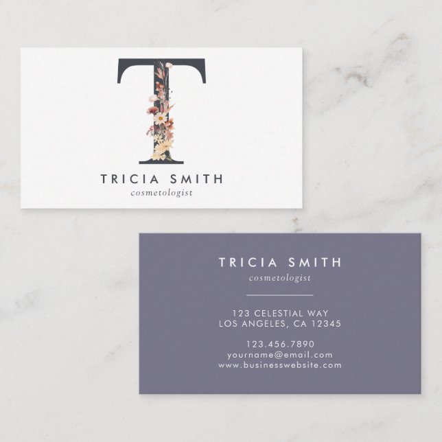 Boho Wildflower Monogram Initial T Business Card (Front/Back)