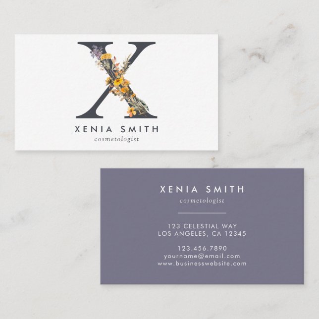 Boho Wildflower Monogram Initial X Business Card (Front/Back)