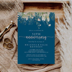 Boho Wildflower Navy 50th Wedding Anniversary Invitation