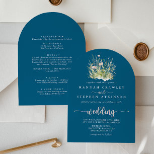 Boho Wildflower Navy Arch Front & Back Wedding Invitation