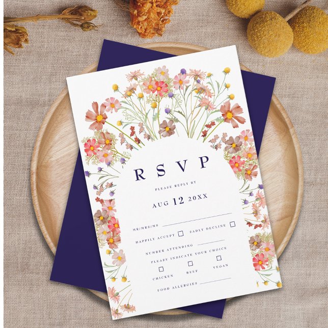 Boho Wildflower Navy Blue and White Wedding RSVP Card (Boho fall rustic wildflower floral arch navy blue and white wedding RSVP card Watercolor flowers)