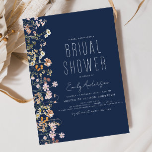 Boho Wildflower Navy Blue Bridal Shower Invitation