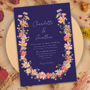 Boho Wildflower Navy Blue Fall Wedding Invitation