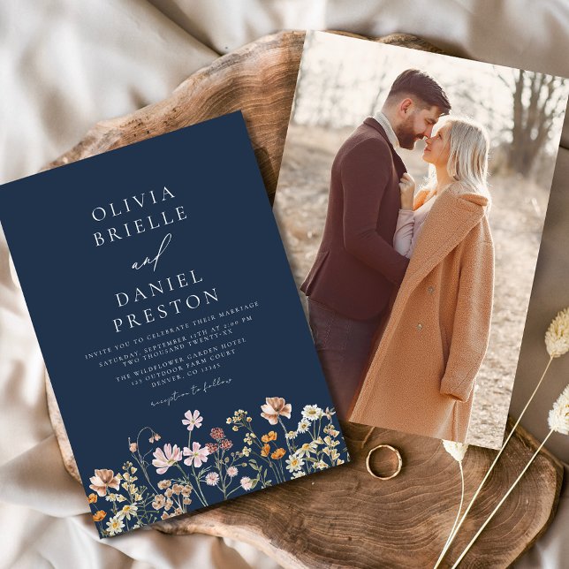 Boho Wildflower Navy Blue Photo Garden Wedding Invitation (Creator Uploaded)
