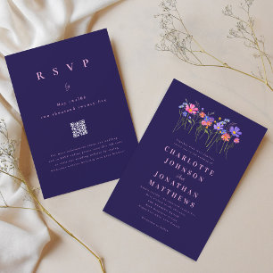 Boho Wildflower Navy Blue Pink Wedding QR Code Invitation
