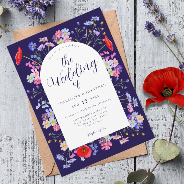 Boho Wildflower Navy Blue Wedding Invitation (Navy blue wildflower summer wedding invitation with elegant script )