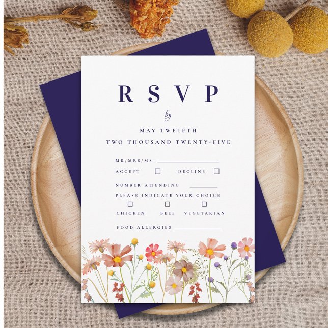 Boho Wildflower Navy Blue Wedding Meal Options RSVP Card (Boho fall wildflower floral navy blue & white wedding RSVP card with meal choices and food allergies)