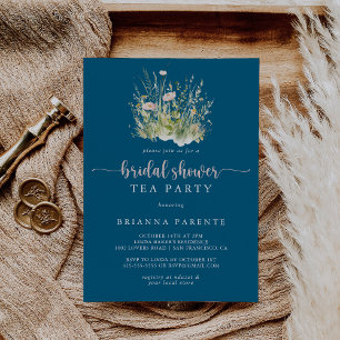 Boho Wildflower Navy Bridal Shower Tea Party  Invitation