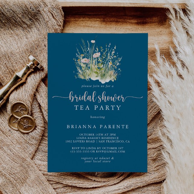 Boho Wildflower Navy Bridal Shower Tea Party  Invitation (Creator Uploaded)