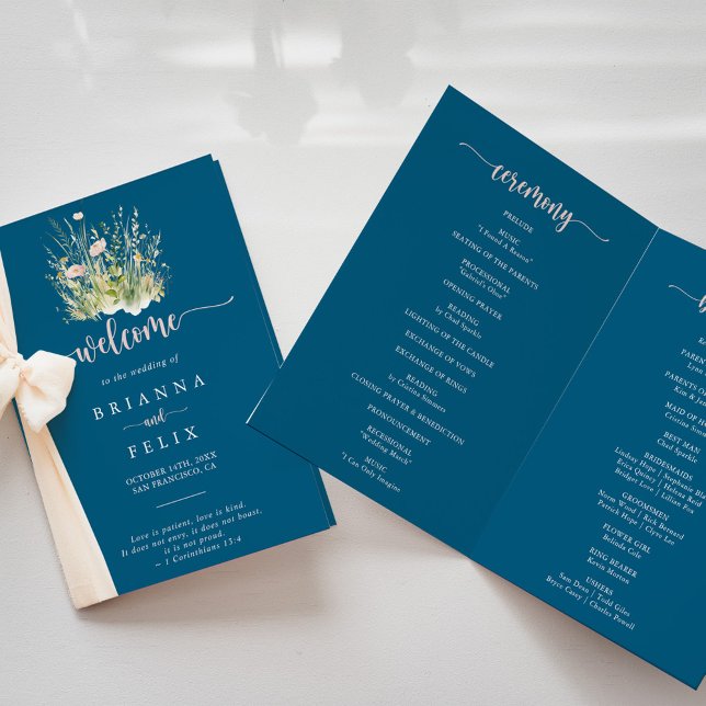 Boho Wildflower Navy Folded Wedding Program (Creator Uploaded)