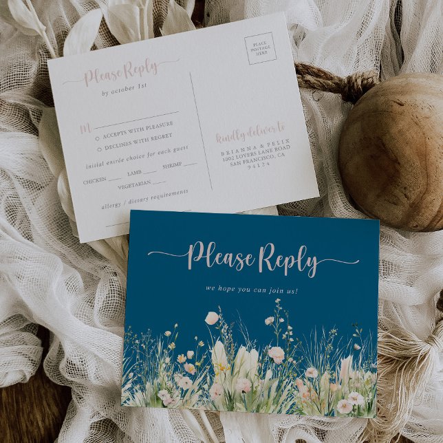 Boho Wildflower Navy Menu Choice RSVP  Postcard (Creator Uploaded)