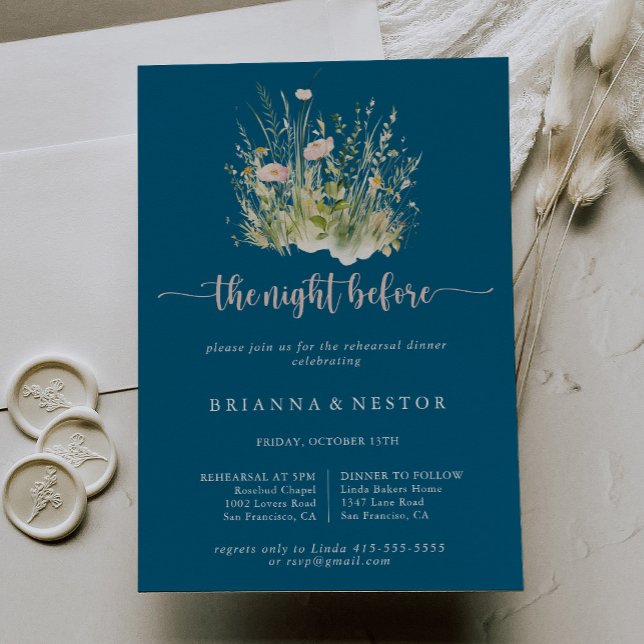 Boho Wildflower Navy Night Before Rehearsal Dinner Invitation (Creator Uploaded)