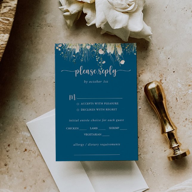 Boho Wildflower Navy Wedding Menu Choice RSVP (Creator Uploaded)