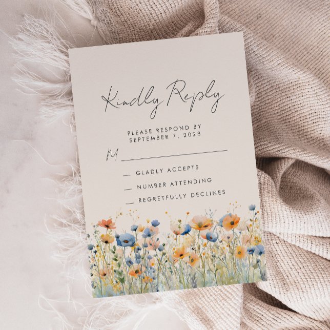 Boho Wildflower Orange Blue Beige Wedding RSVP Card (Creator Uploaded)