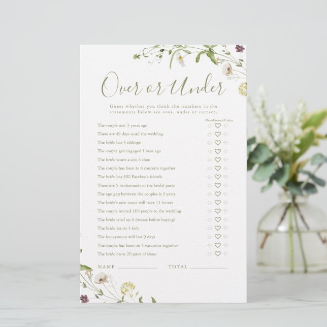 Boho Wildflower Over or Under bridal shower game (Standing Front)