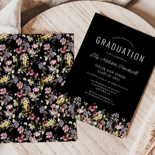 Boho Wildflower Pattern Black Graduation Party Invitation