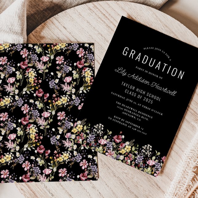 Boho Wildflower Pattern Black Graduation Party Invitation (Creator Uploaded)