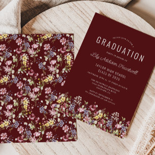 Boho Wildflower Pattern Burgundy Graduation Party Invitation