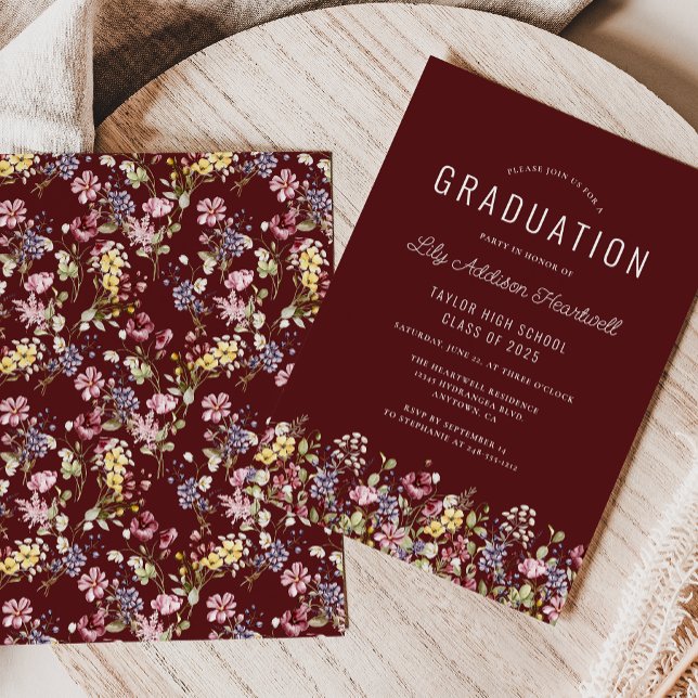 Boho Wildflower Pattern Burgundy Graduation Party Invitation (Creator Uploaded)