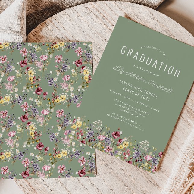 Boho Wildflower Pattern Sage Green Graduation Invitation (Creator Uploaded)
