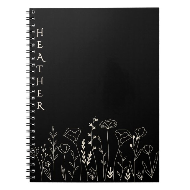 Boho Wildflower Personalized Black Gift for Her Notebook (Front)