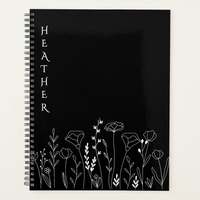 Boho Wildflower Personalized Black Gift for Her Planner (Front)