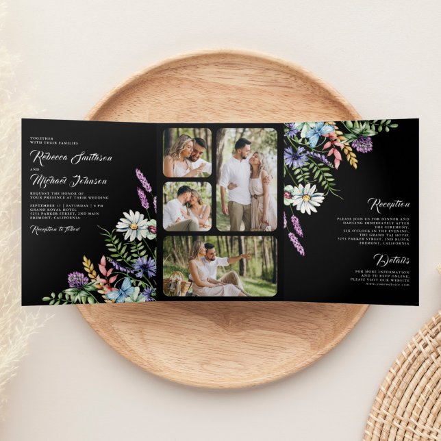 Boho Wildflower Photo All in One Black Wedding Tri-Fold Invitation (Creator Uploaded)