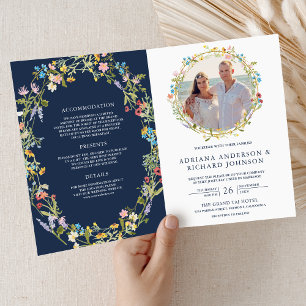 Boho Wildflower Photo QR Code Navy Blue Wedding Invitation