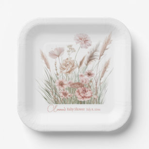 Boho Wildflower Pink Floral Baby Shower Paper Plate