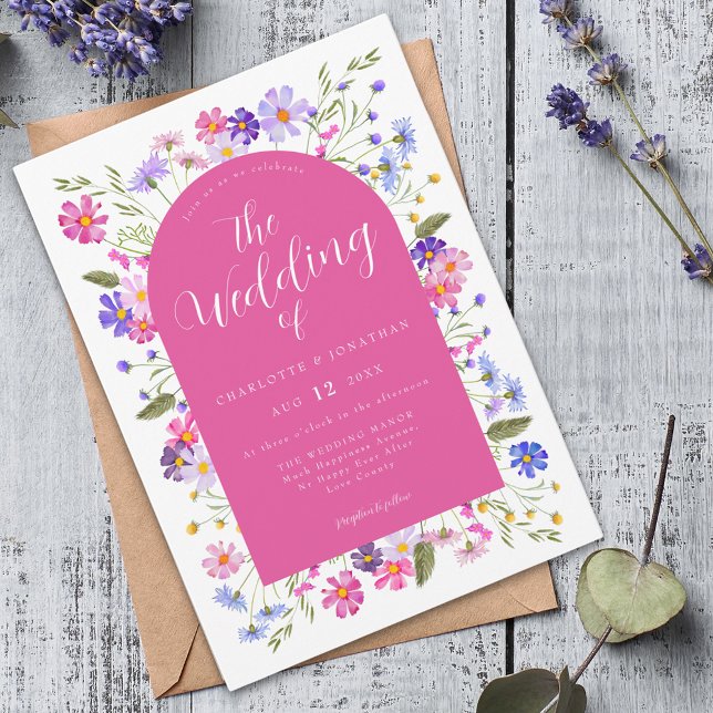 Boho Wildflower Pink Wedding Invitation (Wildflower boho hot pink script wedding invitation )