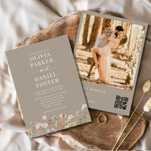 Boho Wildflower QR Code Photo Taupe Wedding  Invitation