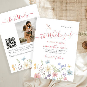 Boho wildflower qr code photo wedding invitation