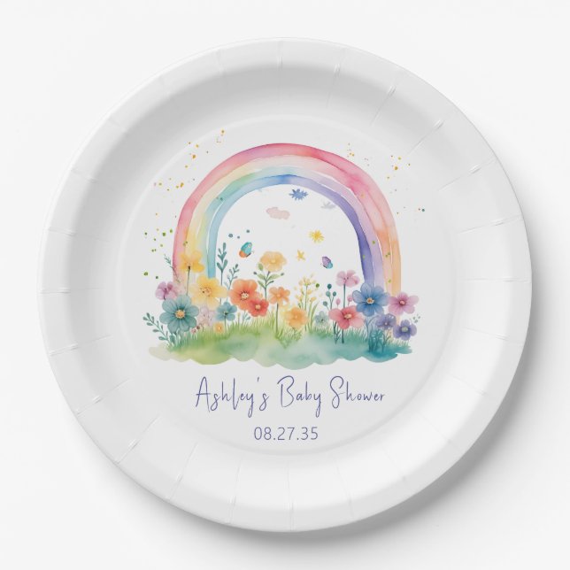 Boho Wildflower Rainbow Baby Shower Paper Plate (Front)