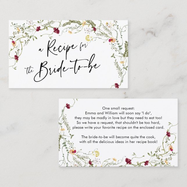 Boho Wildflower Recipe Bridal Enclosure Card (Front/Back)