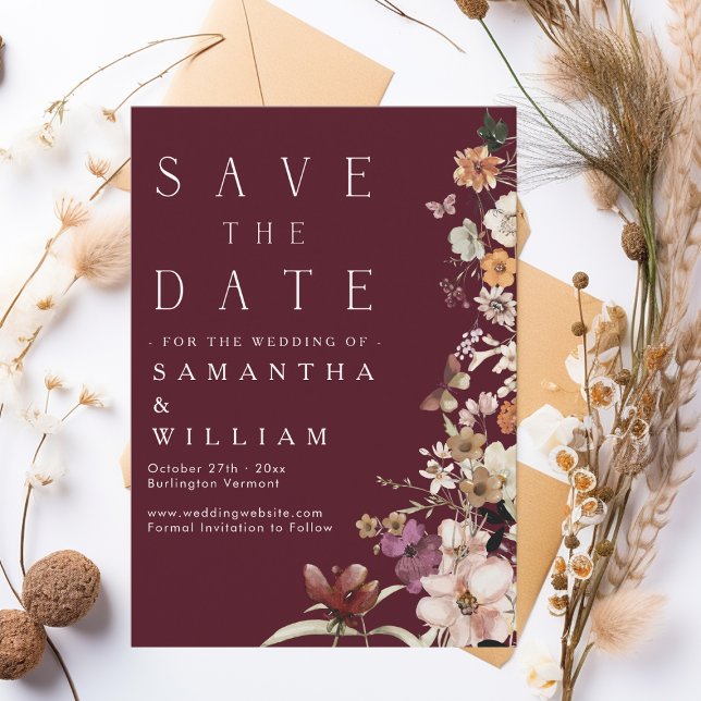 Boho Wildflower Rustic Burgundy Save The Date Invitation (Creator Uploaded)