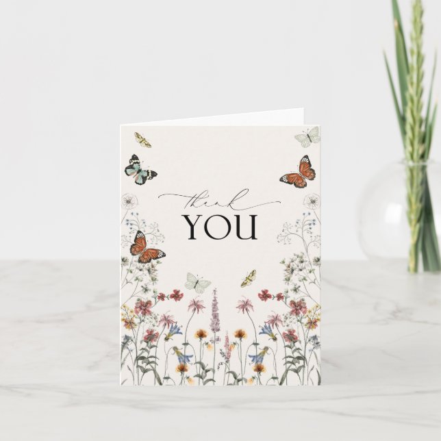 Boho Wildflower Rustic Butterfly Thank You Card (Front)