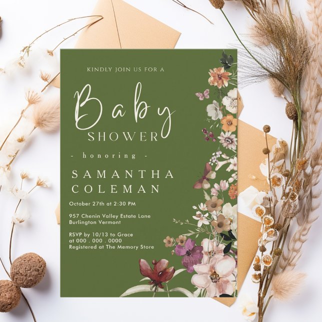 Boho Wildflower Rustic Moss Green Baby Shower Invitation (Creator Uploaded)