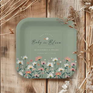 Boho Wildflower Sage Green Baby in Bloom Shower Paper Plate