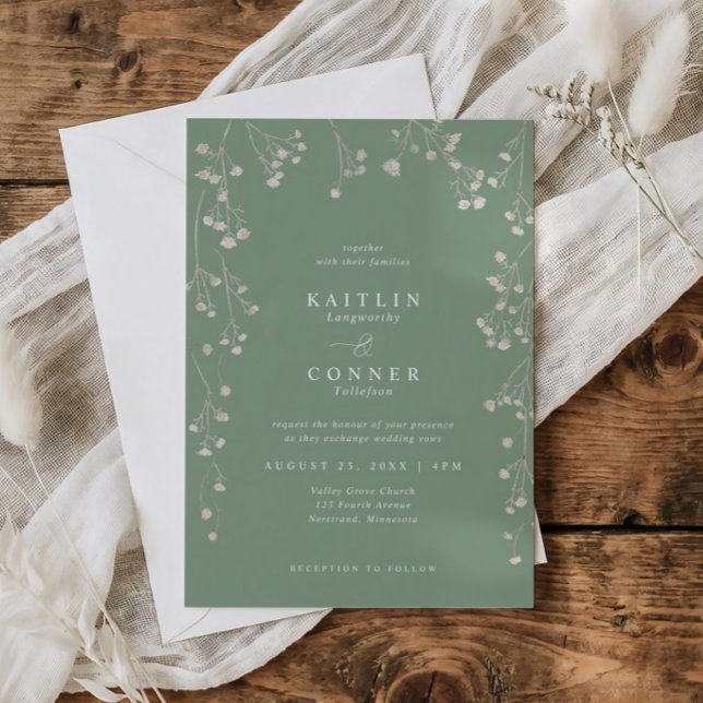 Boho Wildflower Sage Green Baby's Breath Wedding Invitation (Sage green wedding invite with watercolor baby’s breath and botanical monogram wreath)