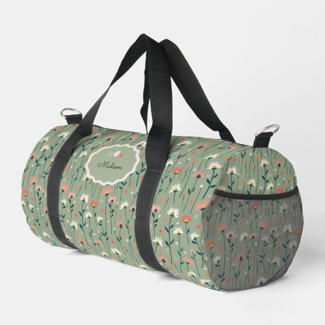 Boho Wildflower Sage Green Monogram Duffle Bag (Right Corner)