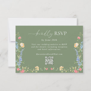 Boho Wildflower Sage Green Wedding QR Code RSVP Card