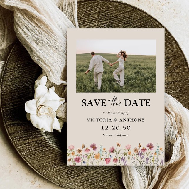 Boho Wildflower Save The Date with Photo Flat Card (Creator Uploaded)