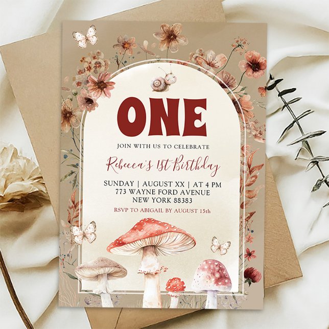 Boho Wildflower Snail and Mushroom First Birthday Invitation (Creator Uploaded)