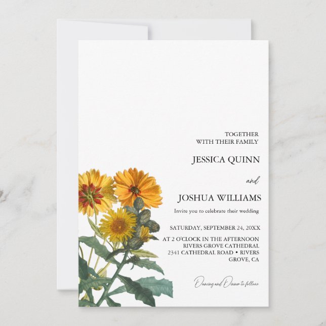 Boho Wildflower Sunflower Wedding  Yellow Floral Invitation (Front)