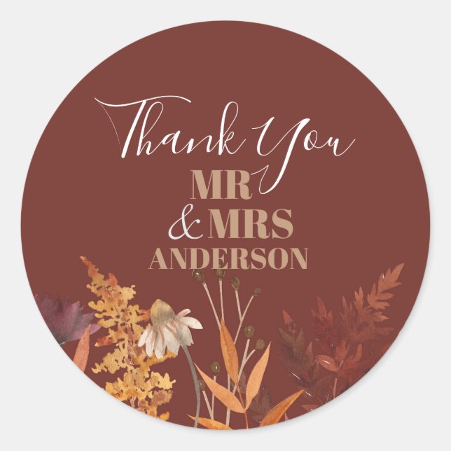 Boho Wildflower Terracotta Autumn Fall Wedding Classic Round Sticker (Front)